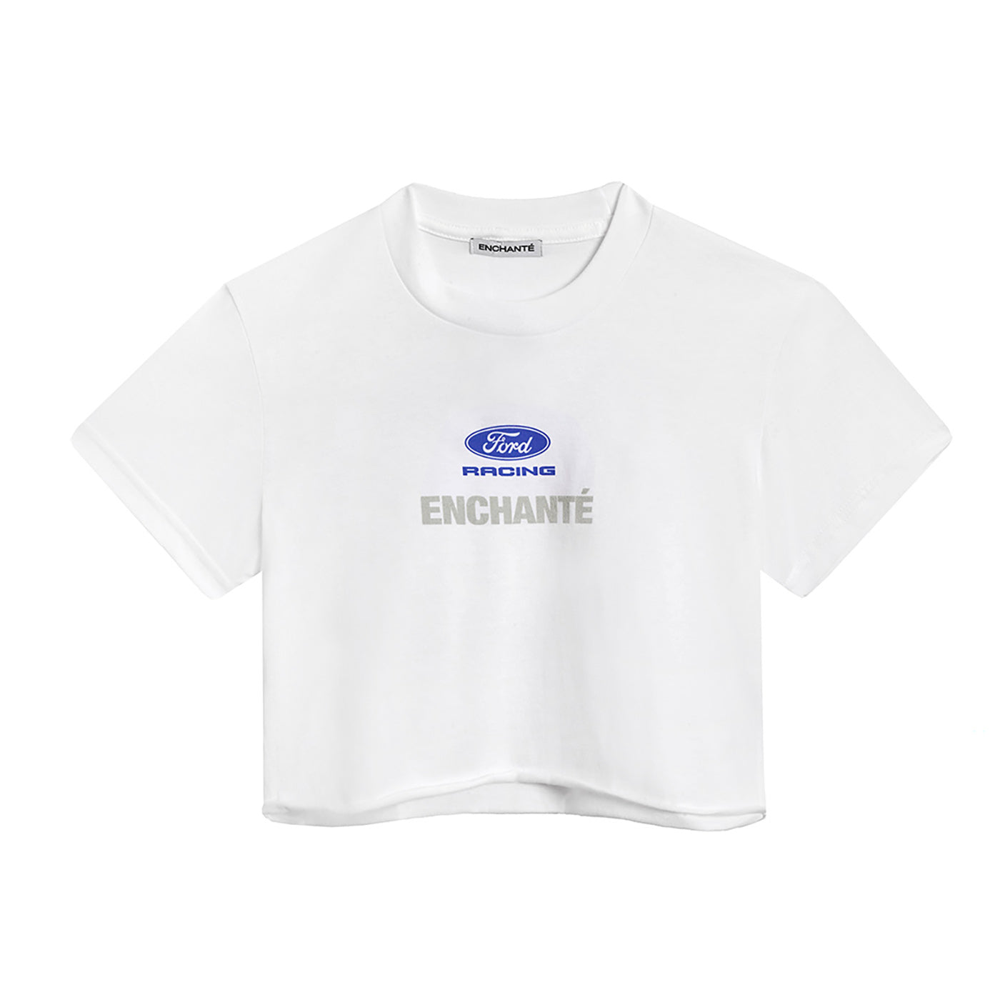 white crop top with Ford racing enchante text